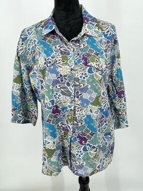 Rebecca Malone Blue, Green & Purple Floral 3/4 Sleeve Cotton Button-Down sz XL